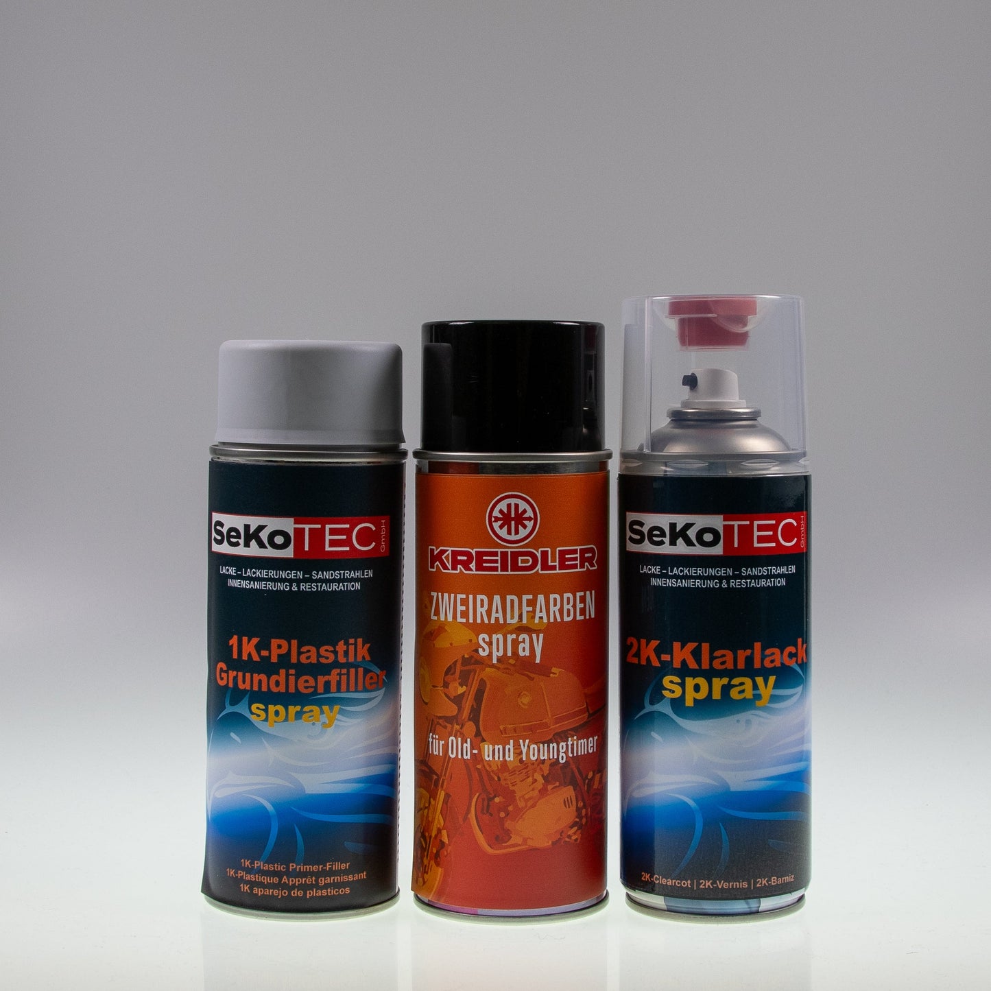 Kreidler-Farben Spraydose mit Plastikfüller und Klarlack