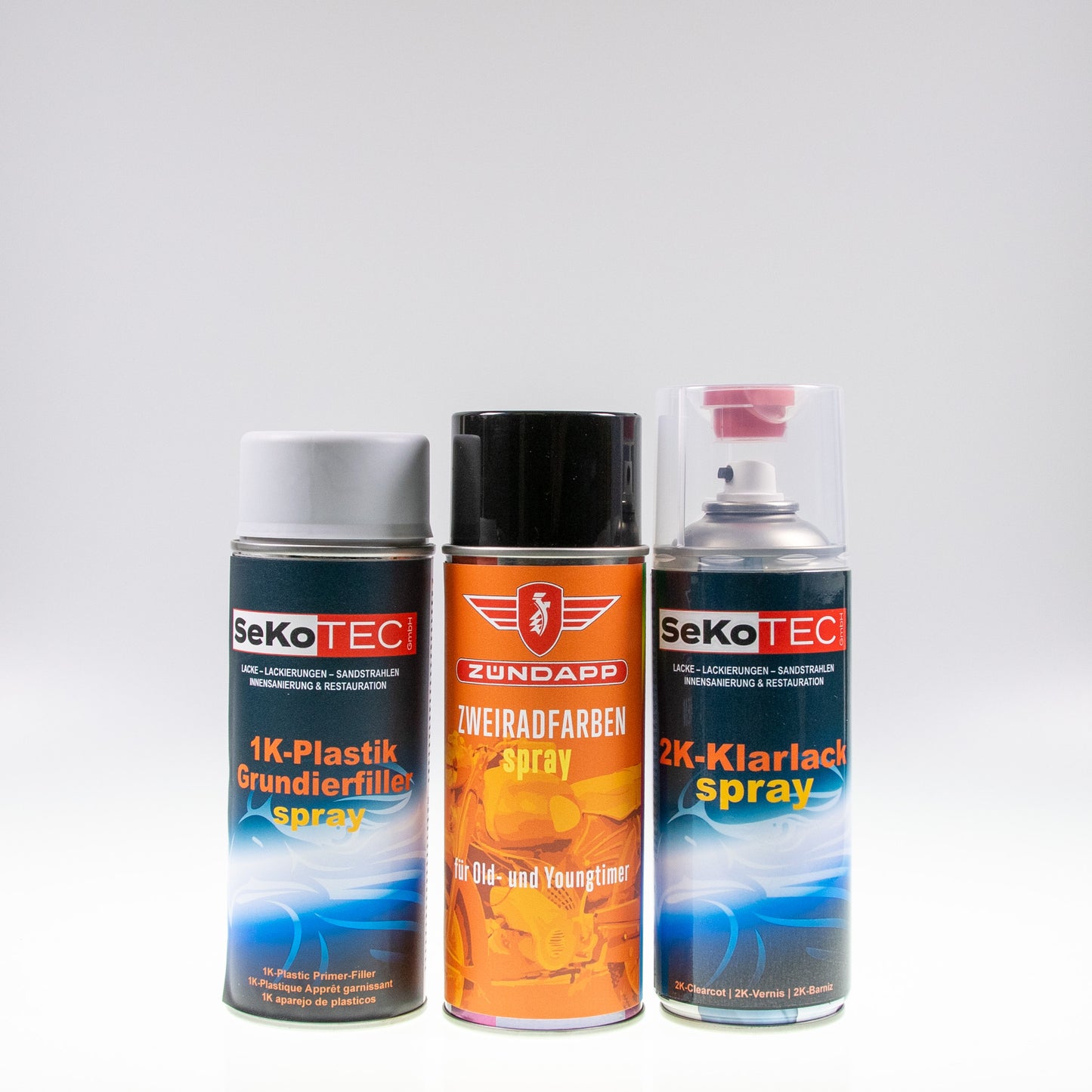 Zündapp-Farben Spraydose mit Plastik-Füller und 2K-Klarlack