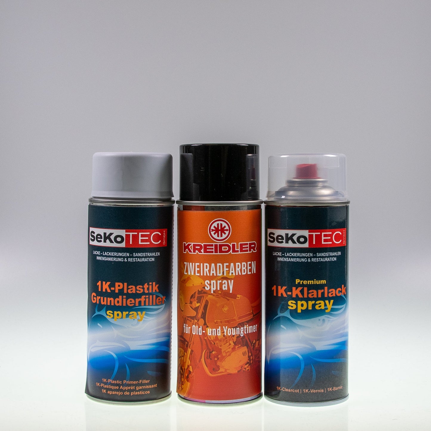 Kreidler-Farben Spraydose mit Plastikfüller und Klarlack